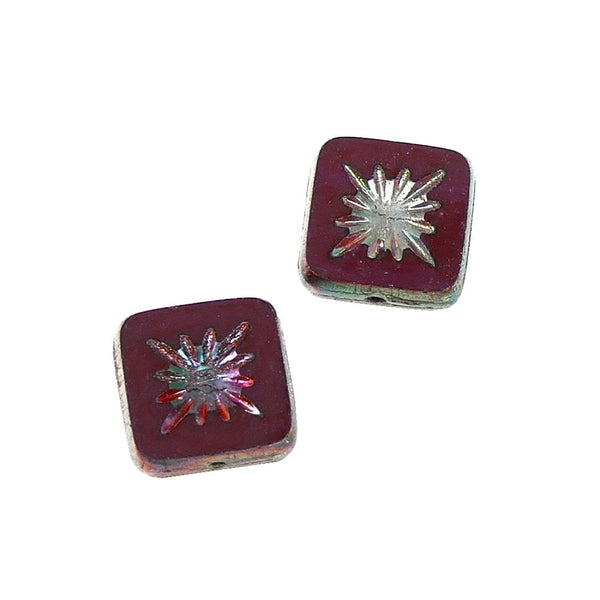 10x10mm Czech Glass Table Cut Square Kiwi Beads, maroon
