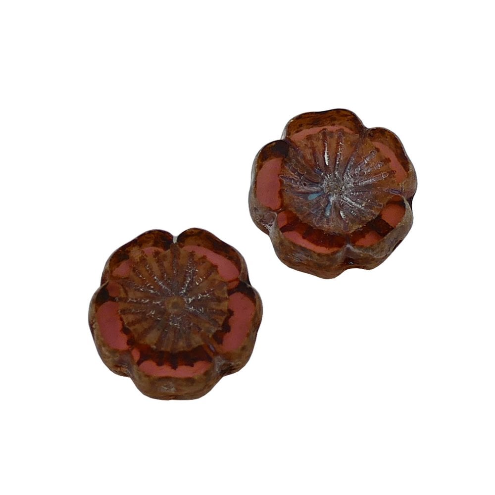 14x14mm Czech Glass Table Cut Hawaiian Flower Beads, rosy brown