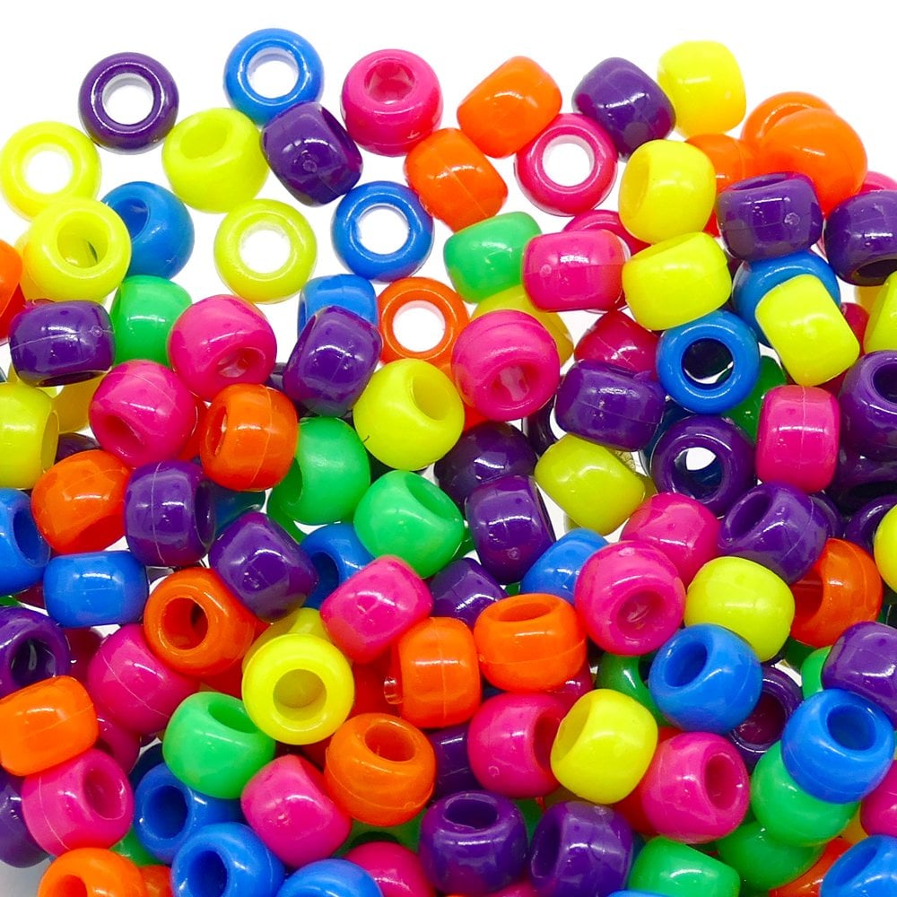 Pony Beads Plastic Barrel 6x8mm, neon mix
