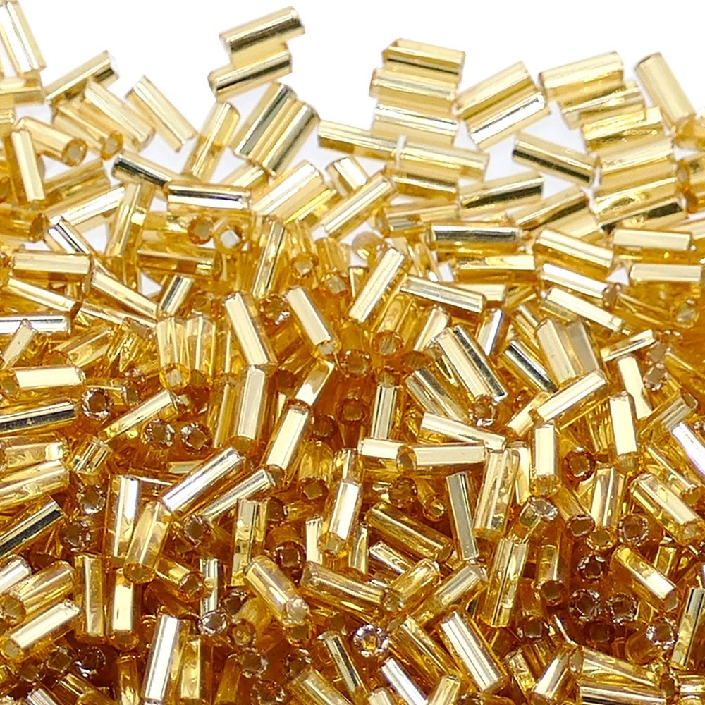 Preciosa Bugle Size 2 Seed Beads, silver lined gold