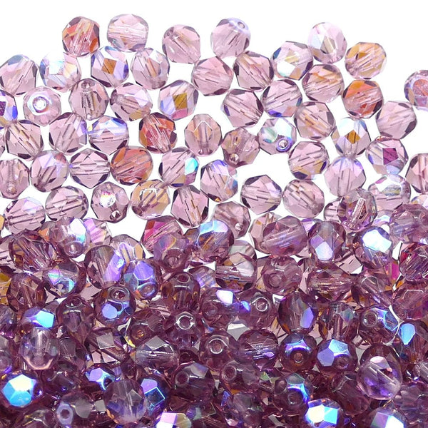 6mm Czech Faceted Round Glass Bead, amethyst AB
