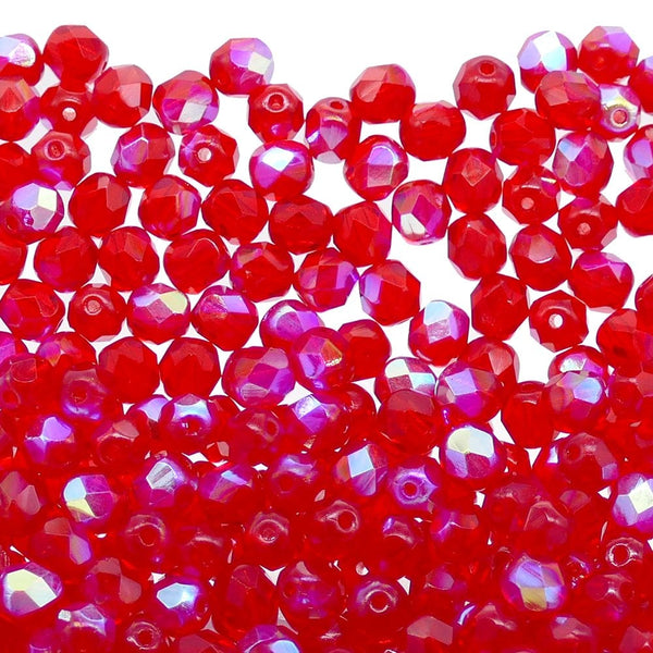 6mm Czech Faceted Round Glass Bead, siam ruby AB