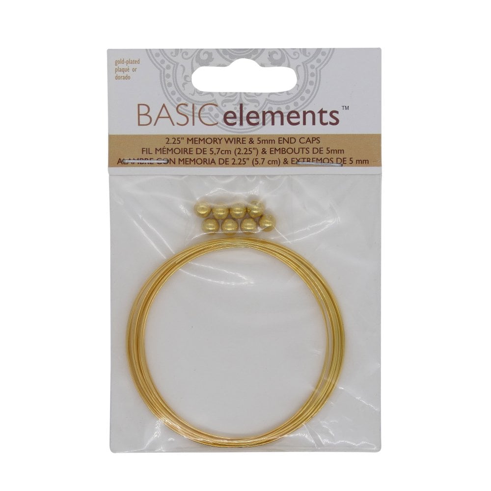 Beadsmith 2.25" Memory Wire & 5mm End Caps, gold-plated