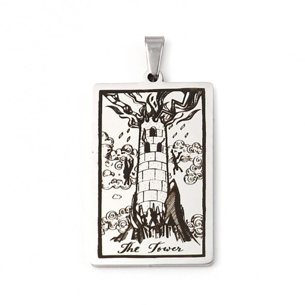 24x37mm Stainless Steel Tarot Pendant, 'the tower'
