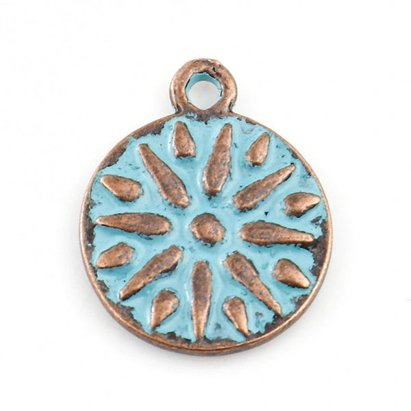 18x14mm Patina Round Flower Pendant, antique copper