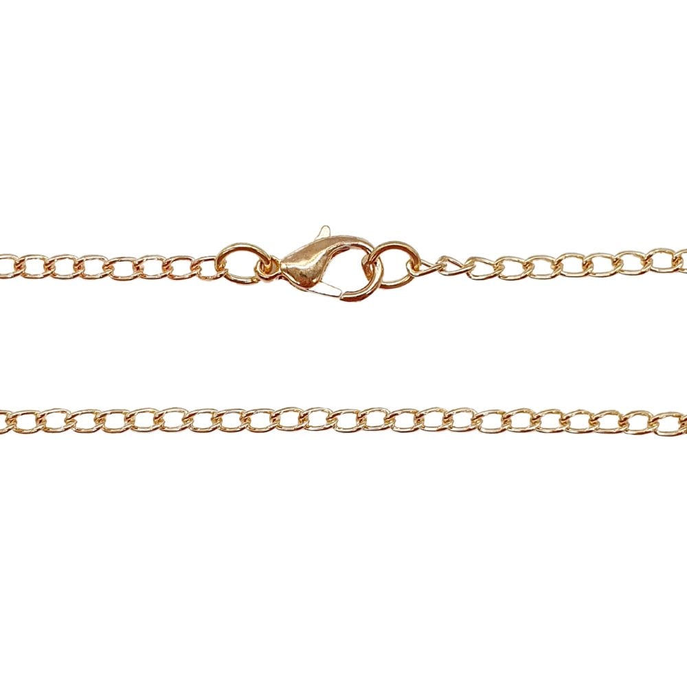 Soft gold-plated curb chain necklace, 24 inch, laid out to show the lobster clasp and chain links