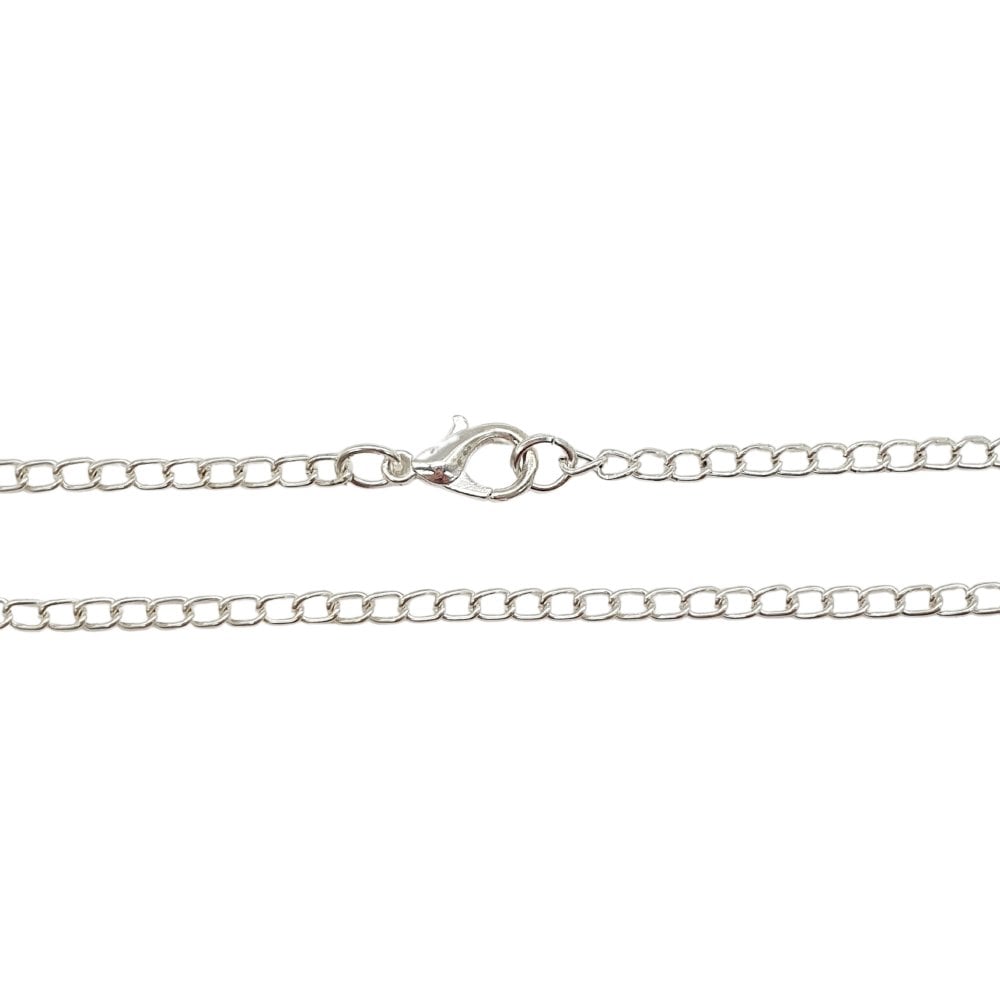 Silver-plated curb chain necklace, 20 inch, laid out to show the lobster clasp and chain links