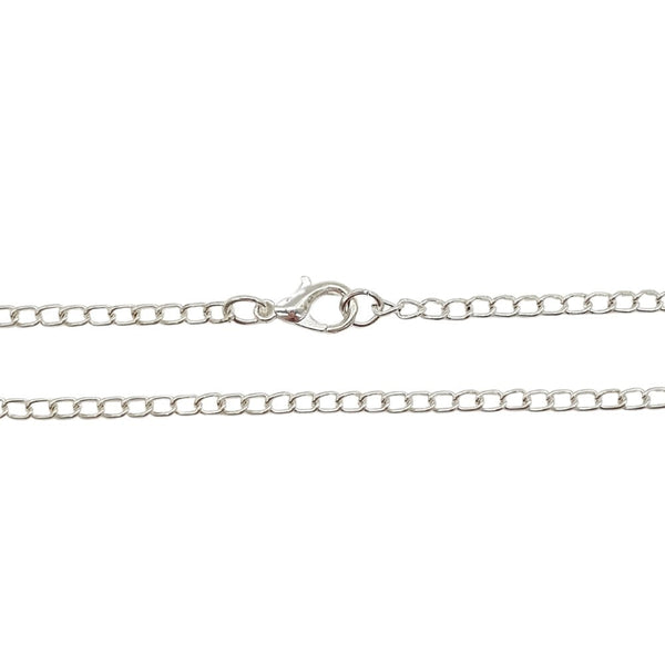 Silver-plated curb chain necklace, 20 inch, laid out to show the lobster clasp and chain links