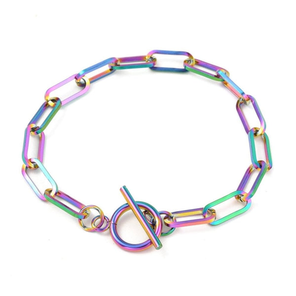 Stainless Steel Paperclip Link Bracelet, rainbow tone