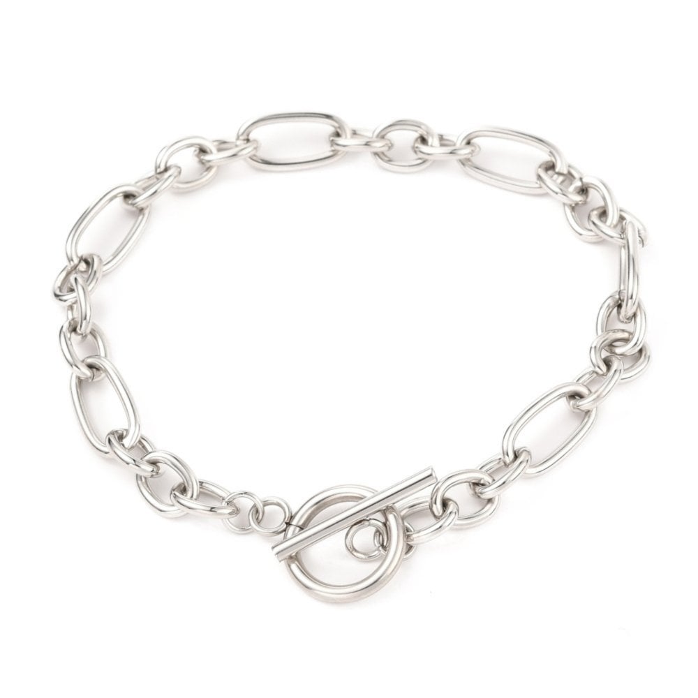 Stainless Steel Figaro Link Bracelet w/Toggle, silver tone