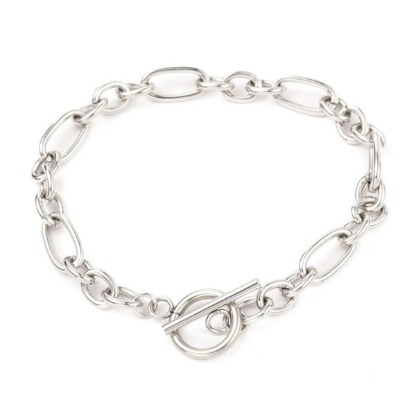 Stainless Steel Figaro Link Bracelet w/Toggle, silver tone