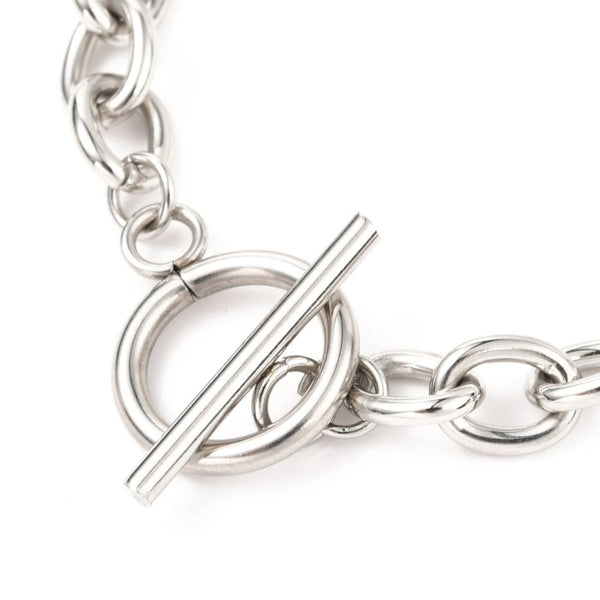 Stainless Steel Figaro Link Bracelet w/Toggle, silver tone, additional photo