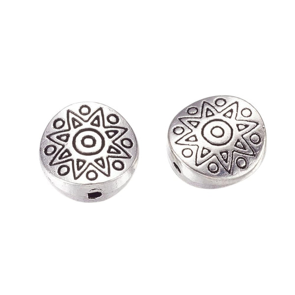 Tibetan Style Beads Flat Round Star Pattern 10mm, antique-silver-plated