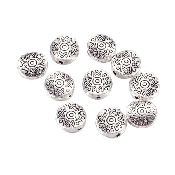 Tibetan Style Beads Flat Round Star Pattern 10mm, antique-silver-plated, additional photo