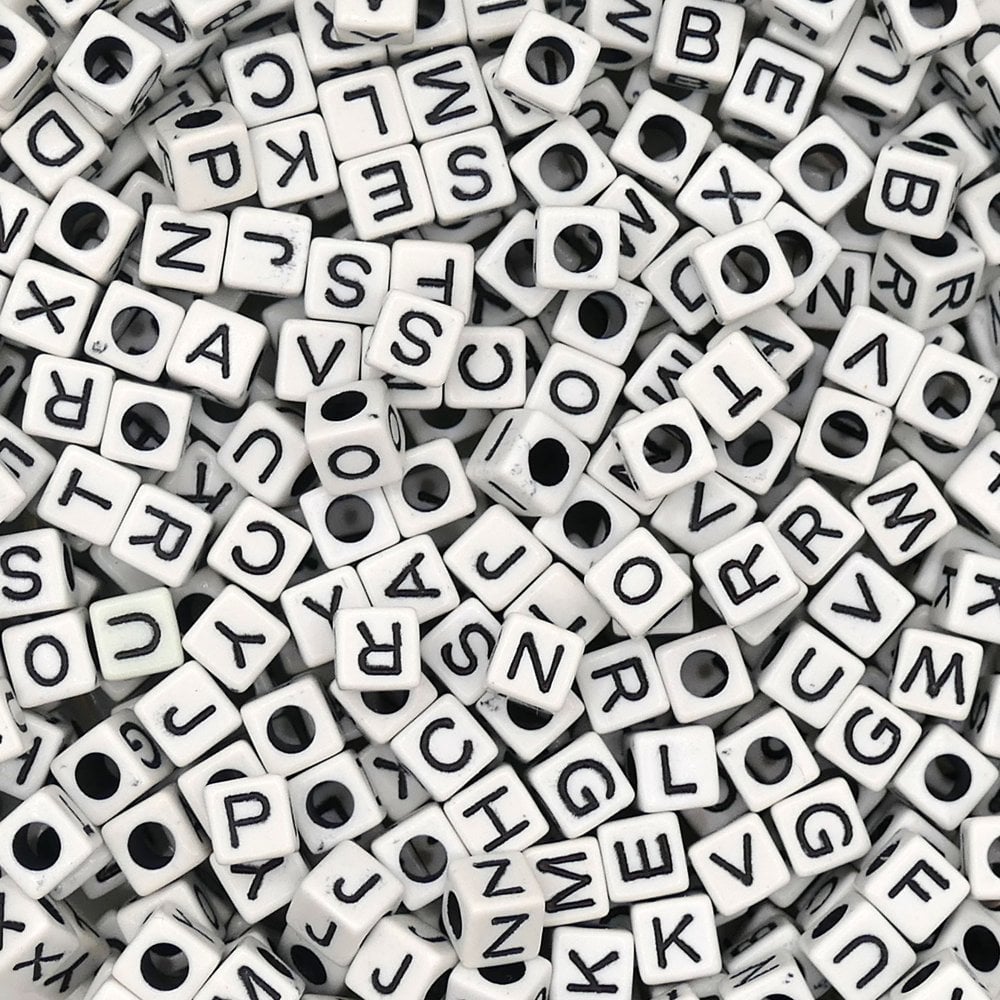 Alphabet/Letter Cubes 6x6mm Plastic Bead Mix, black/white