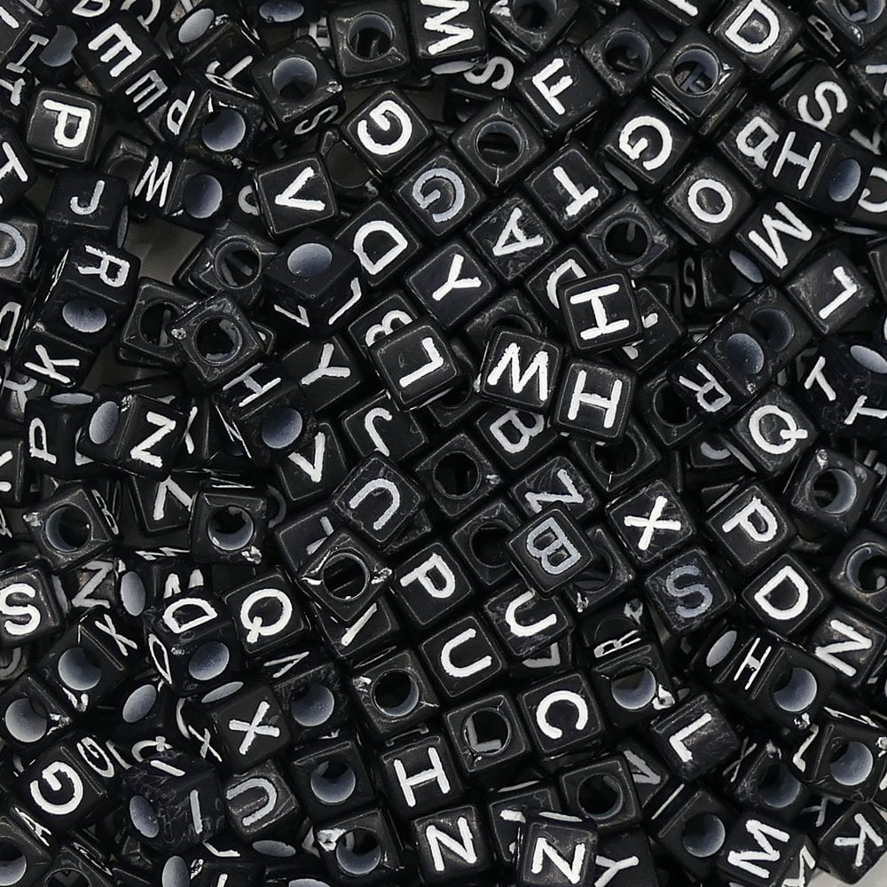 Alphabet/Letter Cubes 6x6mm Plastic Bead Mix, white/black