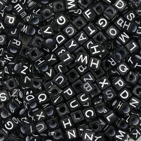 Alphabet/Letter Cubes 6x6mm Plastic Bead Mix, white/black