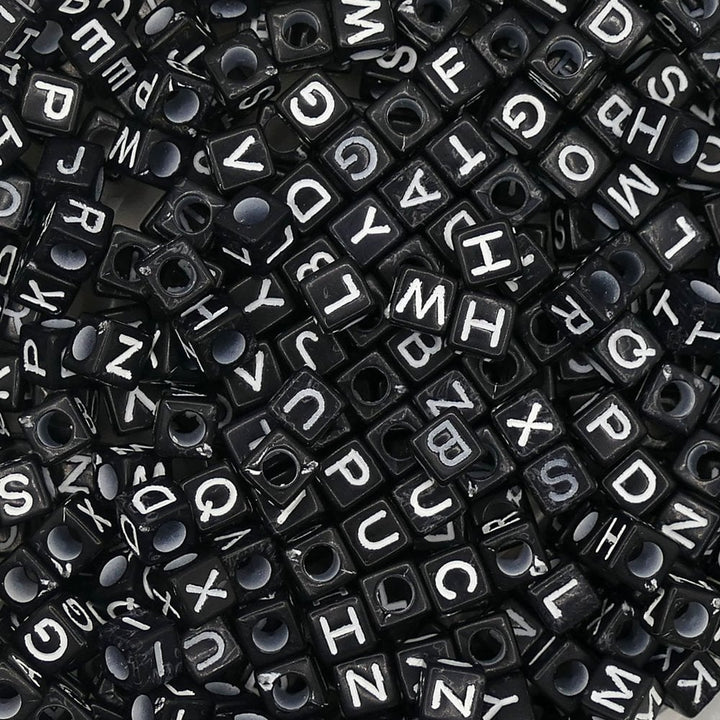 Alphabet/Letter Cubes 6x6mm Plastic Bead Mix, white/black
