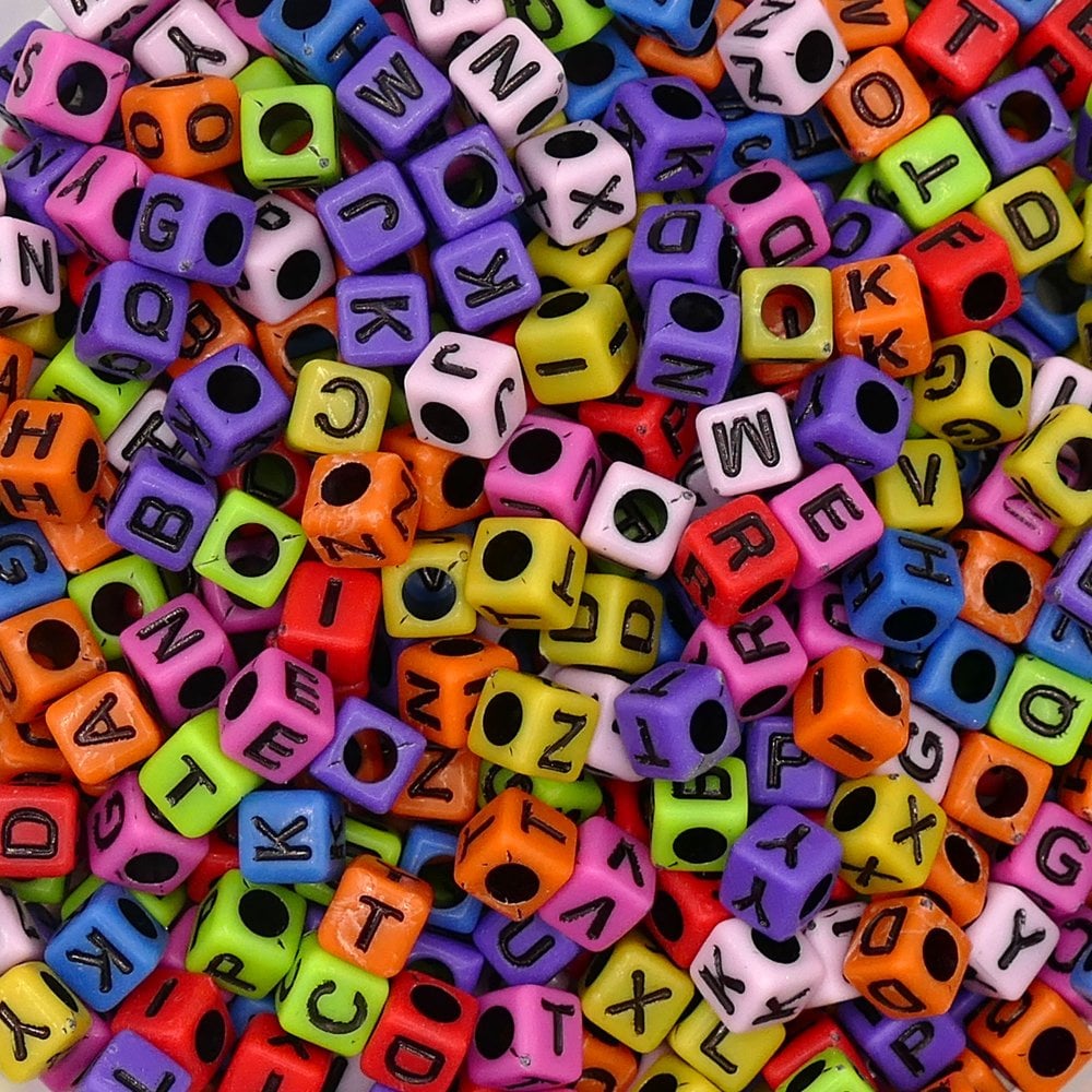 Alphabet/Letter Cubes 6x6mm Plastic Bead Mix, black/multi