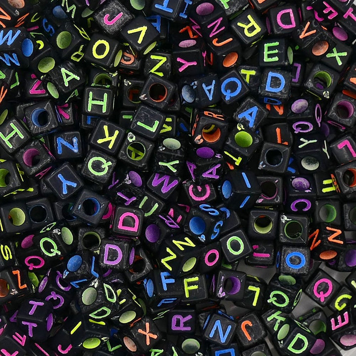 Alphabet/Letter Cubes 6x6mm Plastic Bead Mix, multi/black