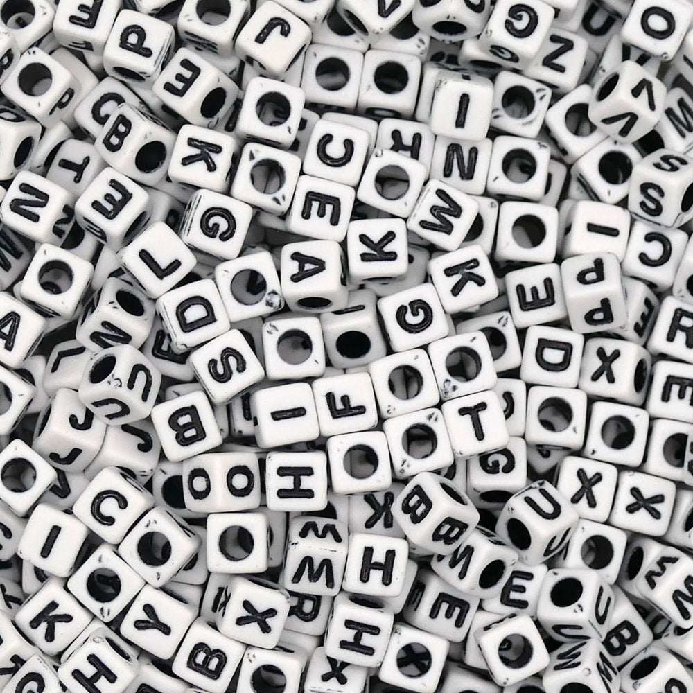 Alphabet/Letter Cubes 6x6mm Plastic Bead Mix (B Grade), black/white