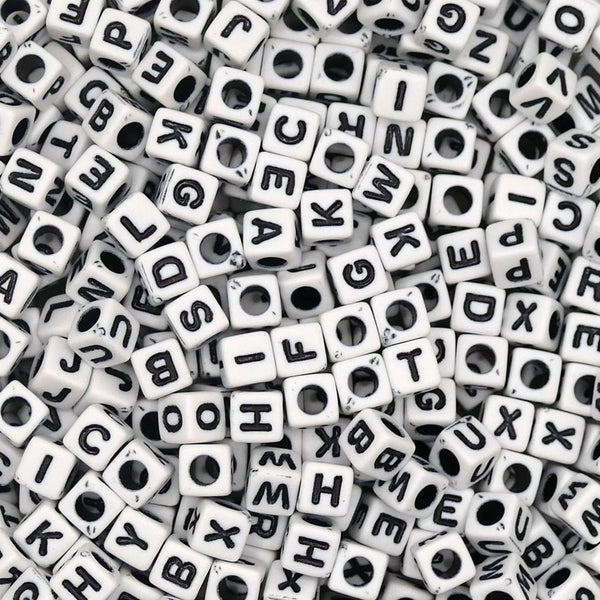 Alphabet/Letter Cubes 6x6mm Plastic Bead Mix (B Grade), black/white