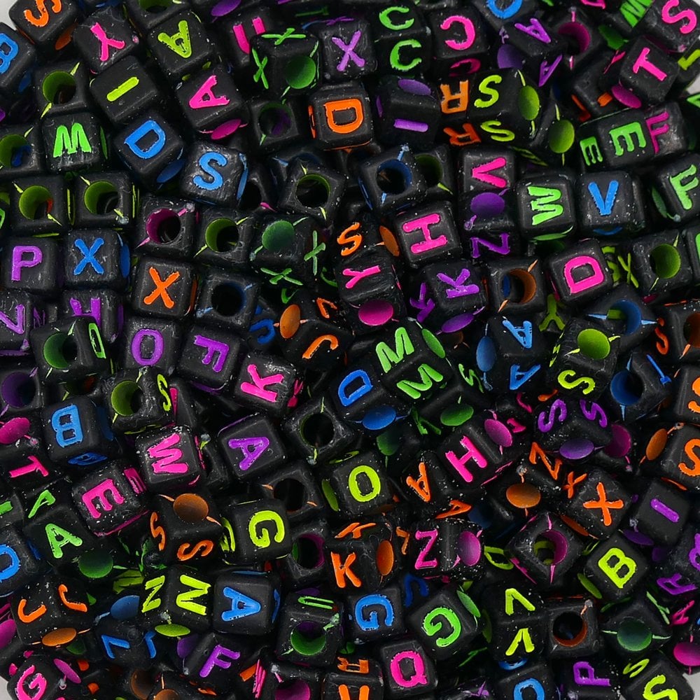 Alphabet/Letter Cubes 6x6mm Plastic Bead Mix (B Grade), multi/black