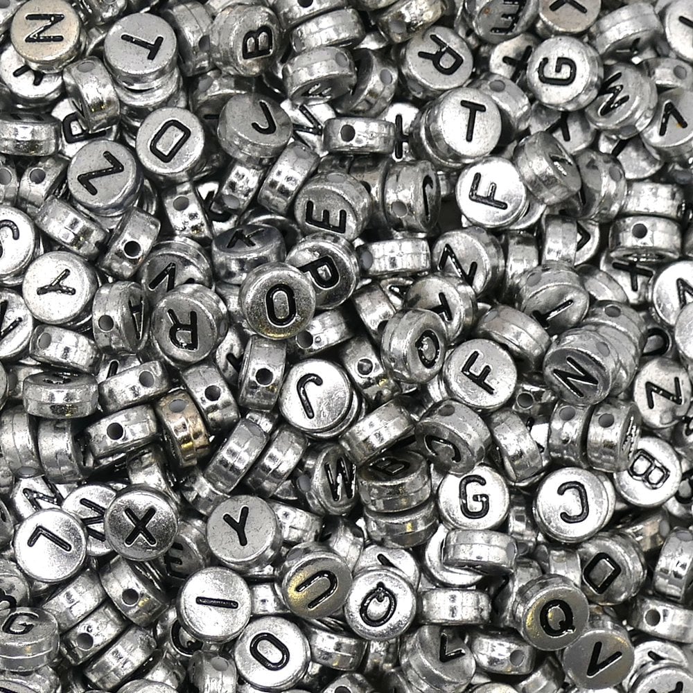 Letter/Alphabet 7x4mm Plastic Bead Mix, silver