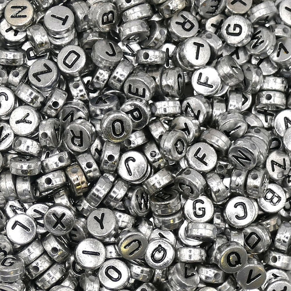 Letter/Alphabet 7x4mm Plastic Bead Mix, silver