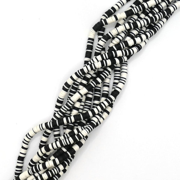 Polymer Clay Heishi Beads 6mm, flat round disc, black/white