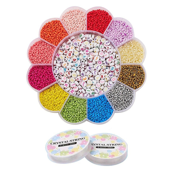 Seed Beads 2mm & Acrylic Letter Beads Bracelet Kit w/Elastic Thread, multicoloured