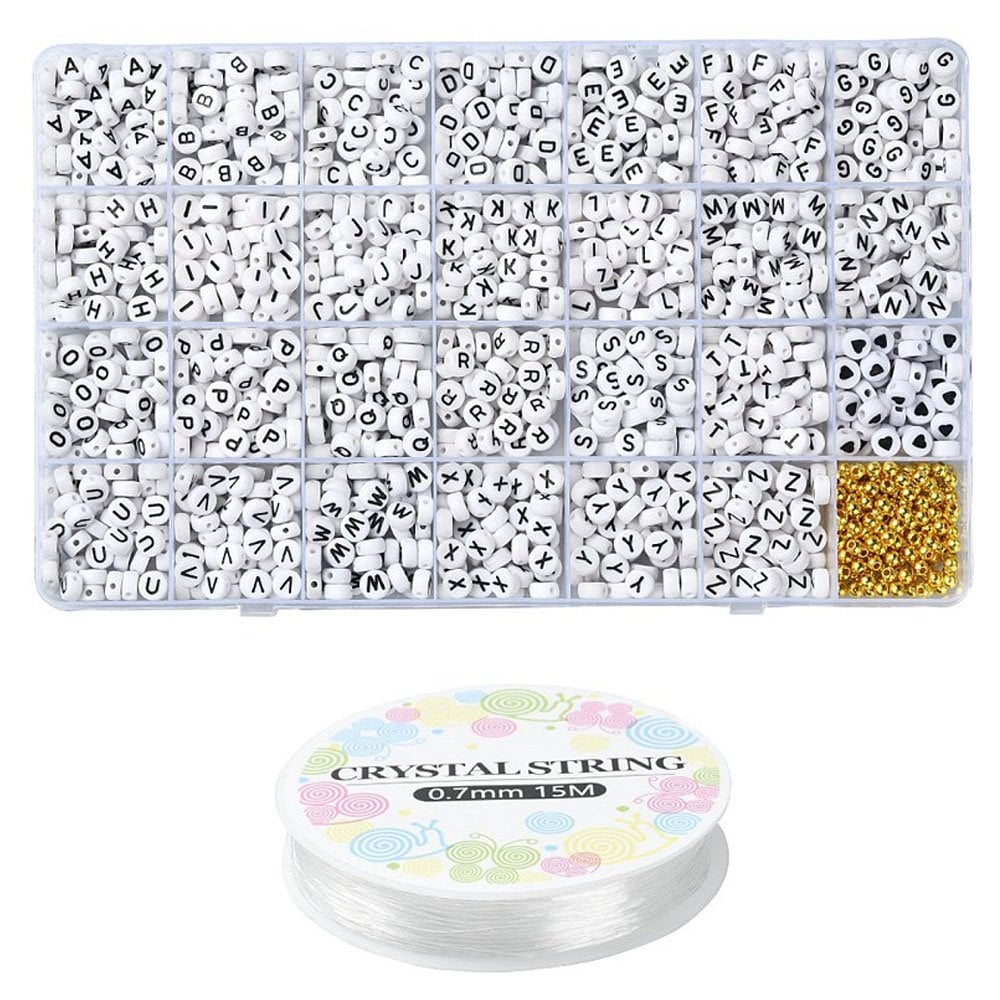 Acrylic Letter/Alphabet & Acrylic Gold Spacer Beads Bracelet Kit w/Elastic Thread, white/gold