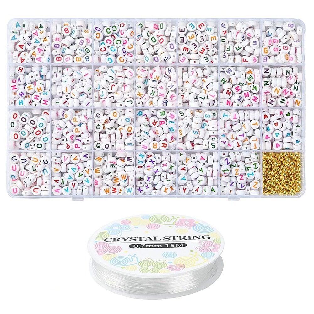 Acrylic Letter/Alphabet & Acrylic Gold Spacer Beads Bracelet Kit w/Elastic Thread, white/multi/gold