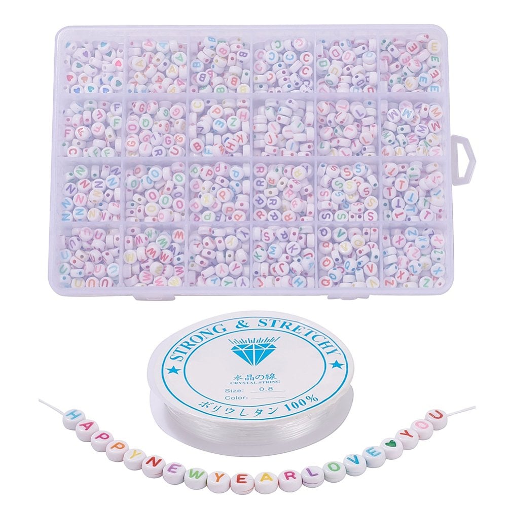 Acrylic Letter/Alphabet Beads Bracelet Kit w/Elastic Thread, white/multi