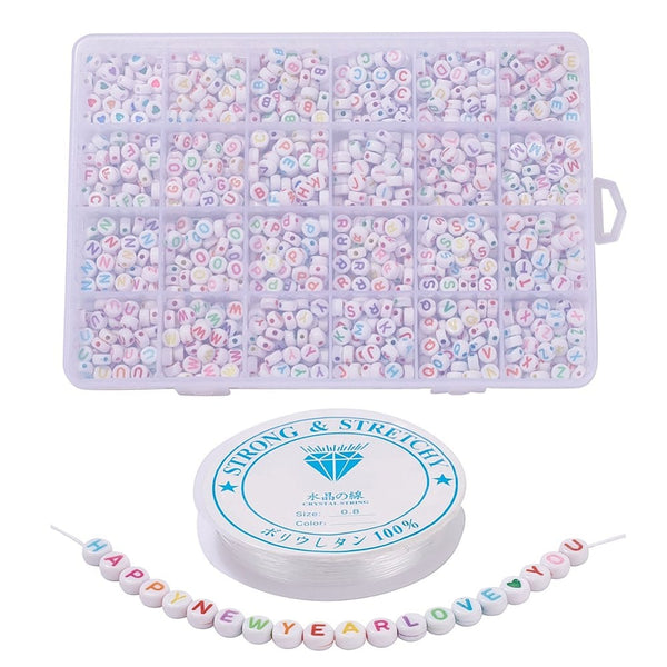 Acrylic Letter/Alphabet Beads Bracelet Kit w/Elastic Thread, white/multi