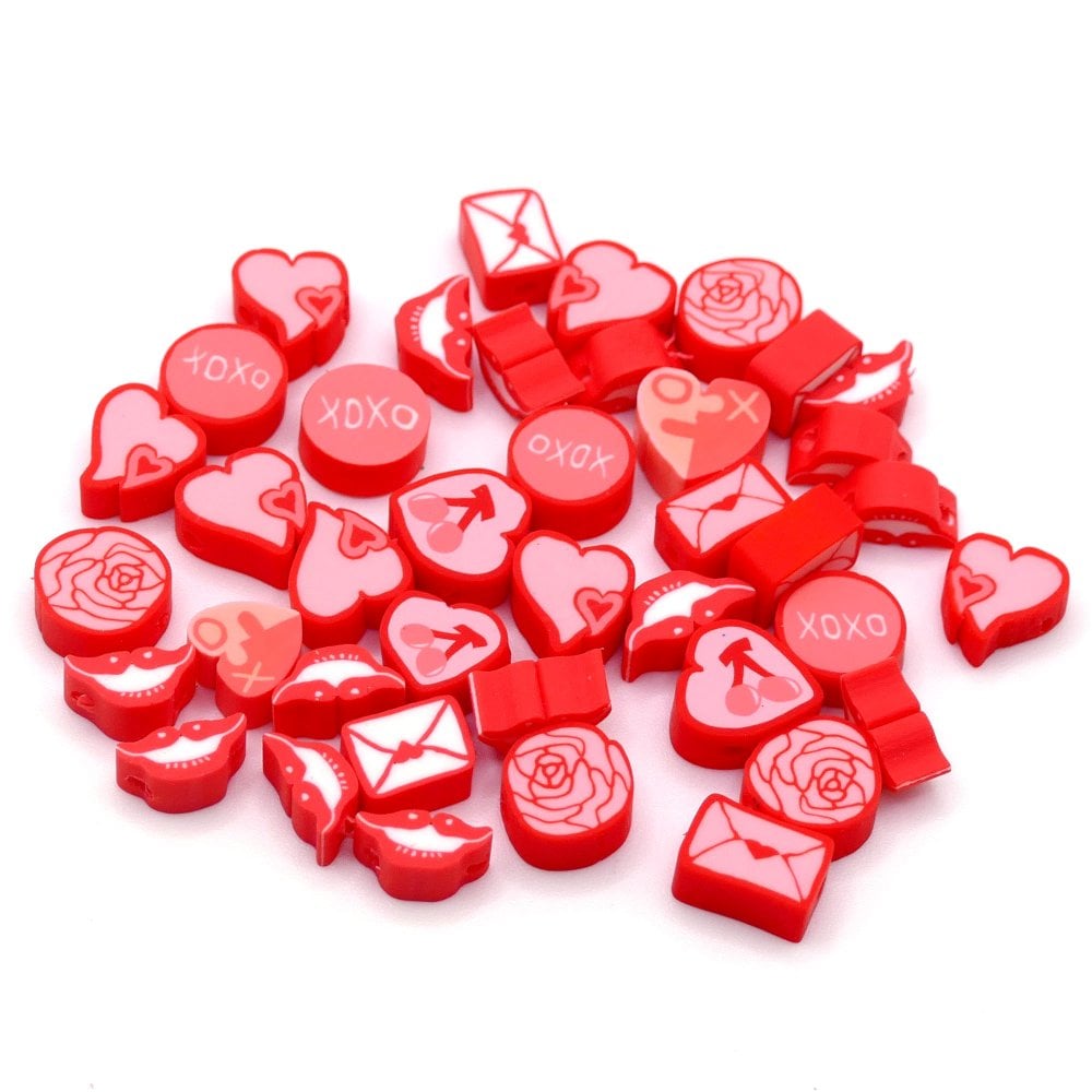 Polymer Clay Valentine/Love 10mm Bead Mix, red/white