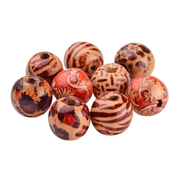 Printed Wooden Beads Round 16x15mm, mix brown