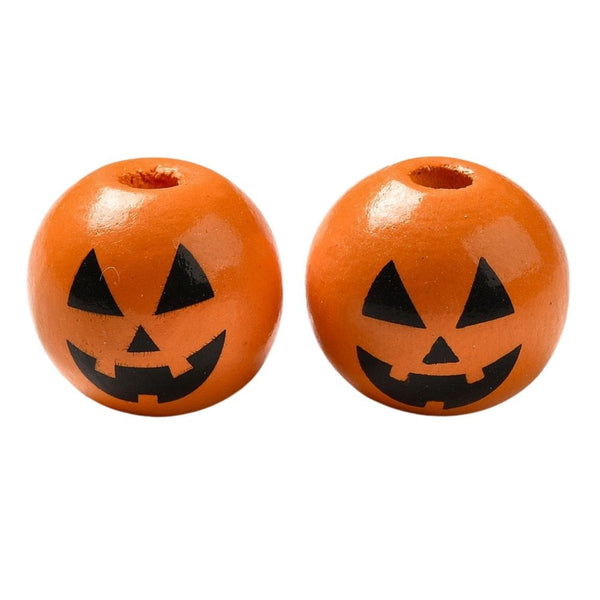 Pumpkin Face Wooden Beads 16mm, orange