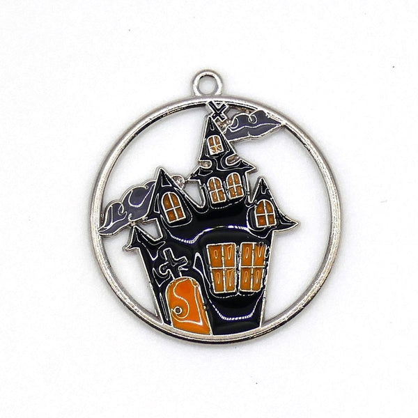 Enamel Spooky Castle Pendant 22mm, black/silver