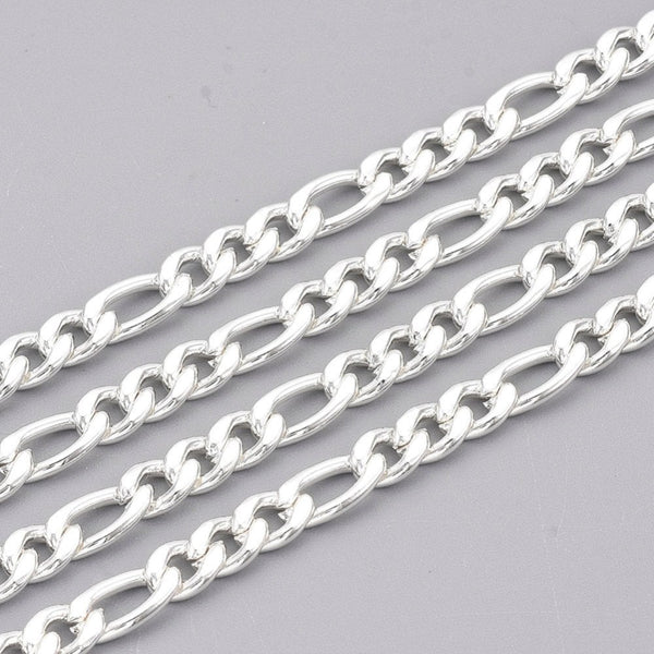 304 stainless steel figaro chain, 9x4mm, silver colour, with alternating short and long links