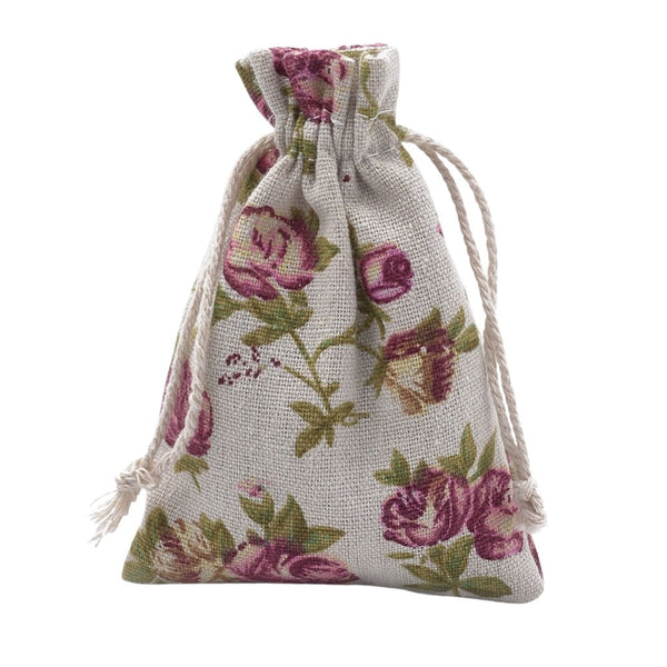 Gift Bag w/Drawstring 14x10cm Burlap, wheat/roses