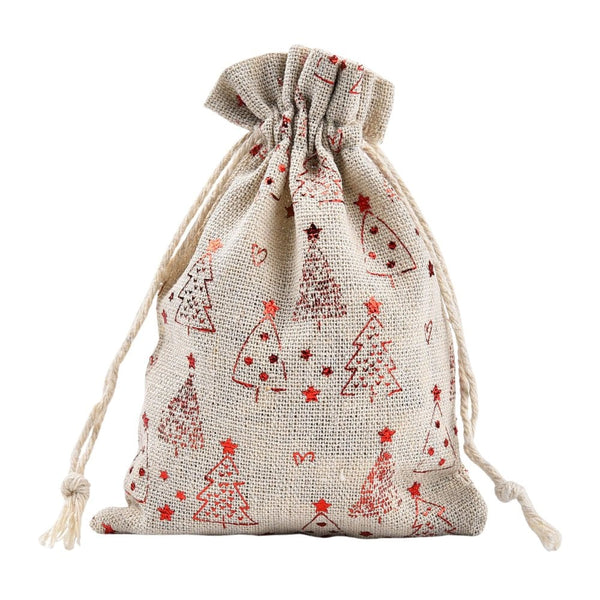 Gift Bag w/Drawstring 14x10cm Burlap, christmas trees