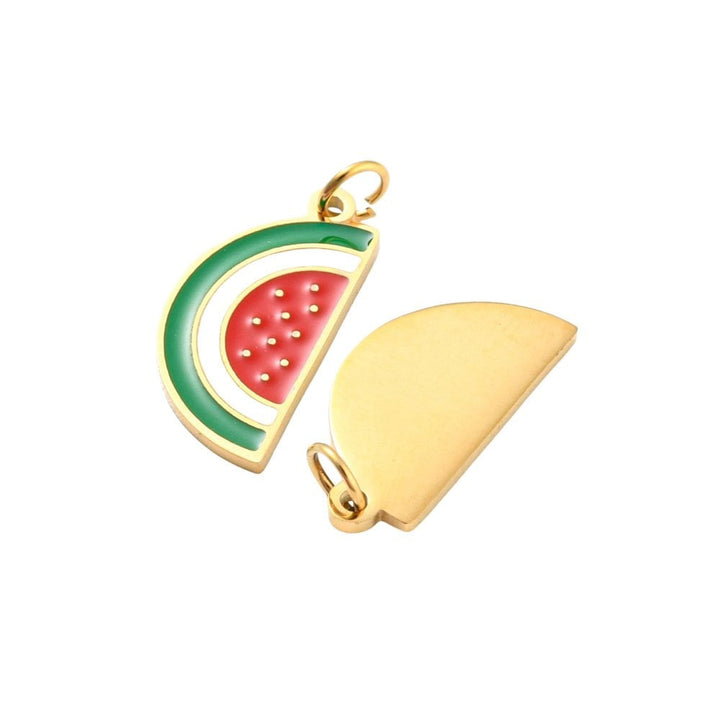 304 Stainless Steel Enamel Watermelon Slice Charm 14x8mm, 18k-gold-plated, additional photo