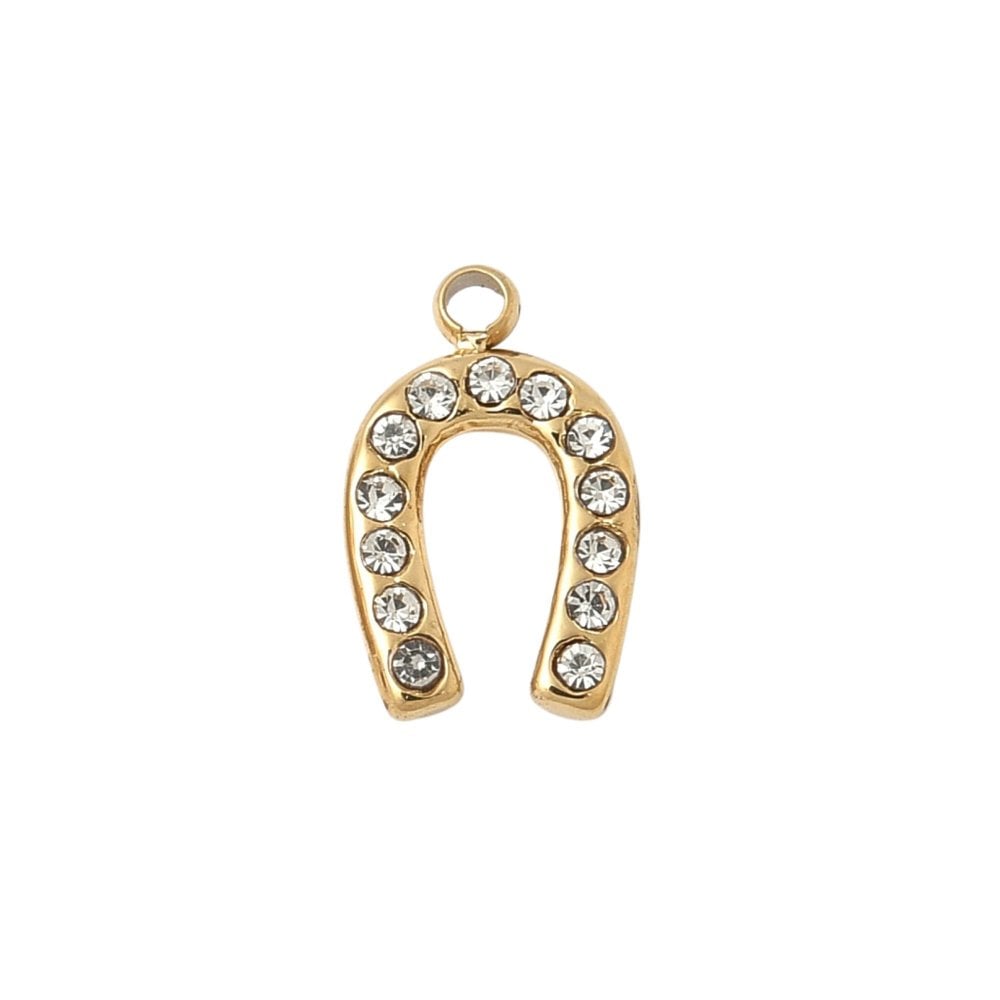 304 Stainless Steel Rhinestone Horseshoe Charm 10x6mm, 18k-gold-plated