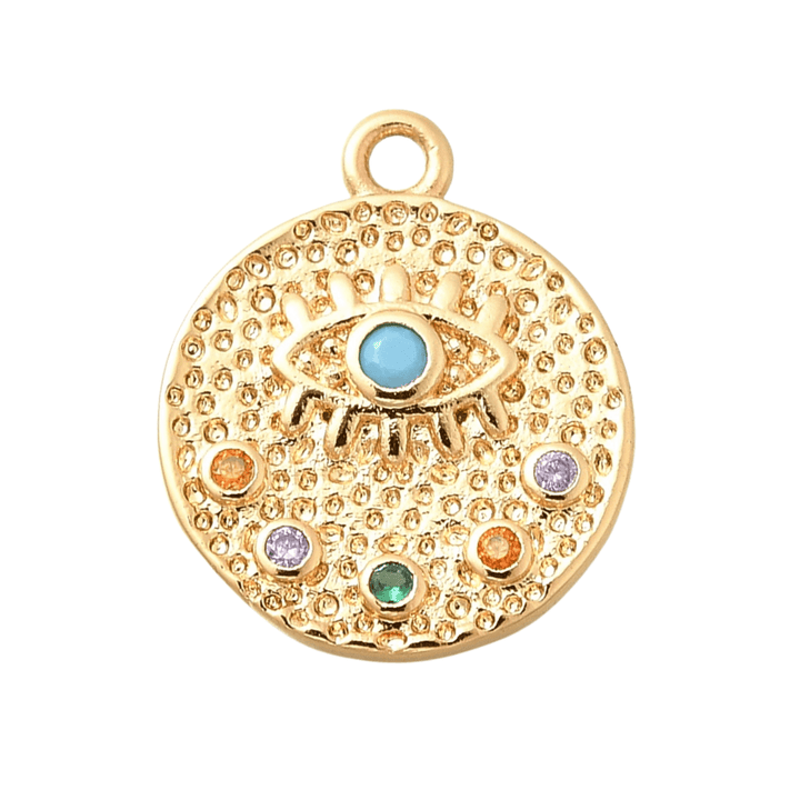 Brass Micro Paved Rhinestone Eye Pendant 13mm, 18k-gold-plated