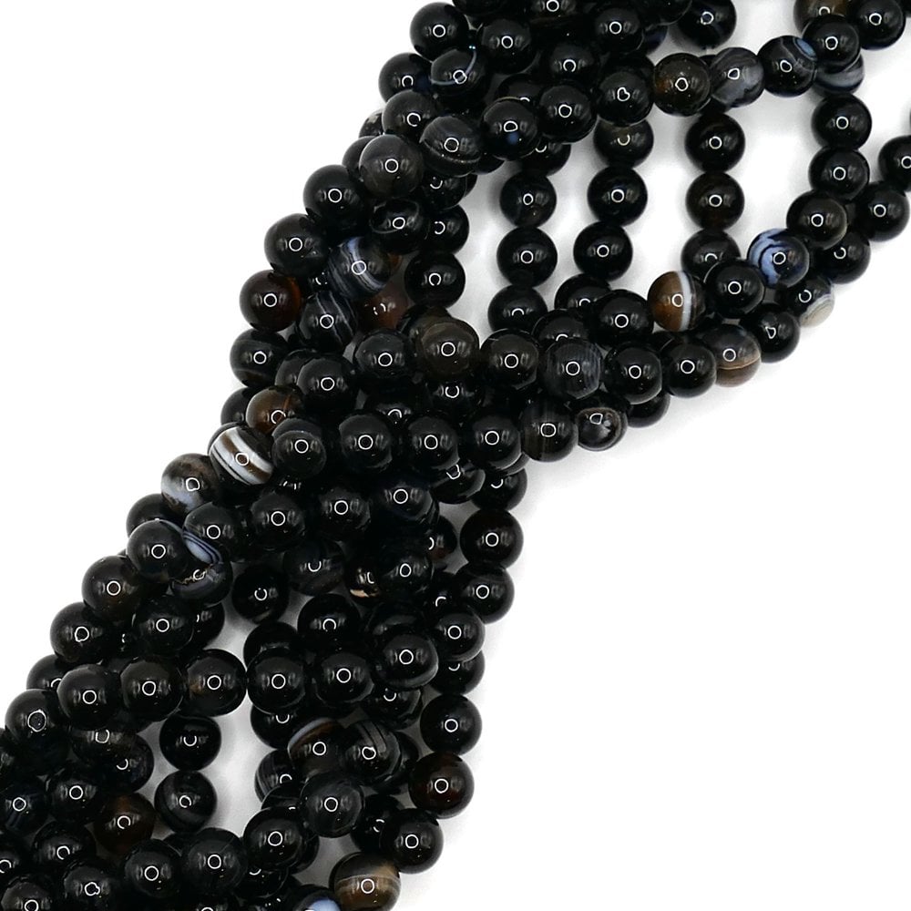 White Stripe Black Agate Plain Round 8mm