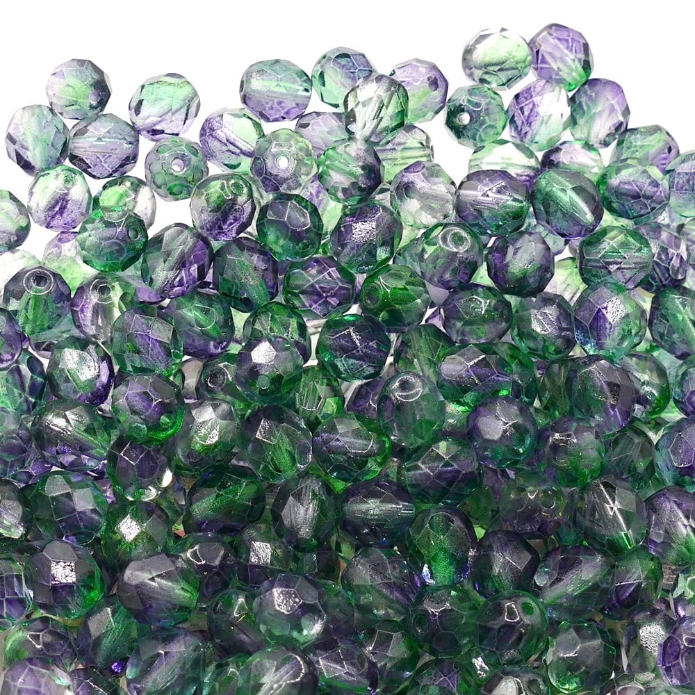 8mm Czech Faceted Round Glass Bead, dual coated, blueberry/green tea