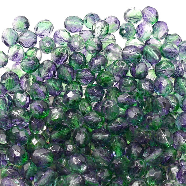8mm Czech Faceted Round Glass Bead, dual coated, blueberry/green tea