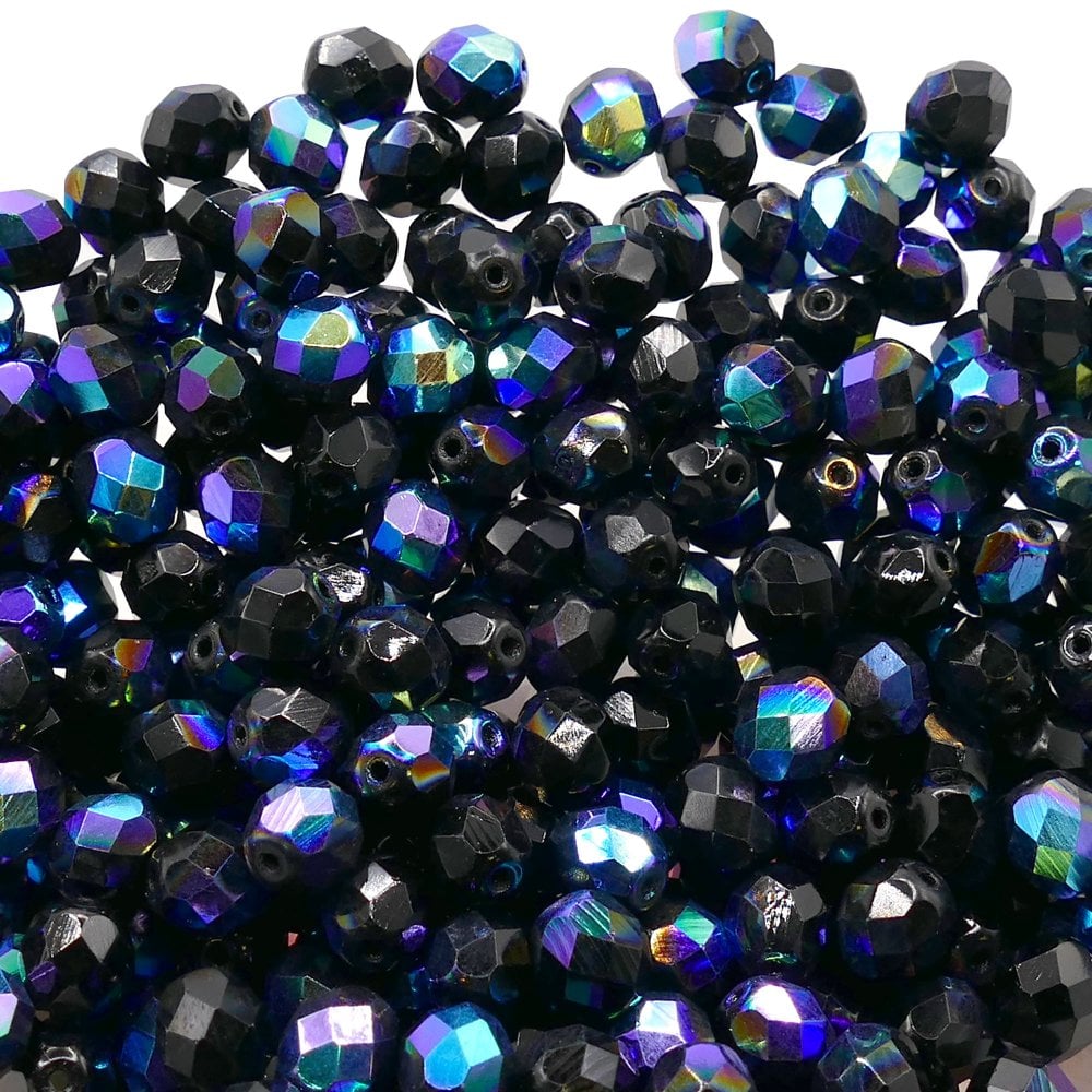 8mm Czech Faceted Round Glass Bead, jet AB
