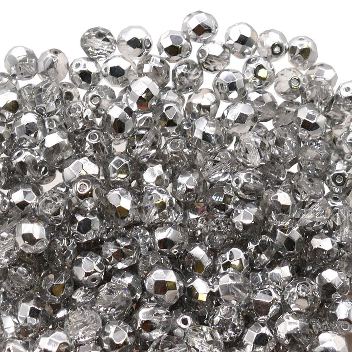 8mm Czech Faceted Round Glass Bead, silver 1/2